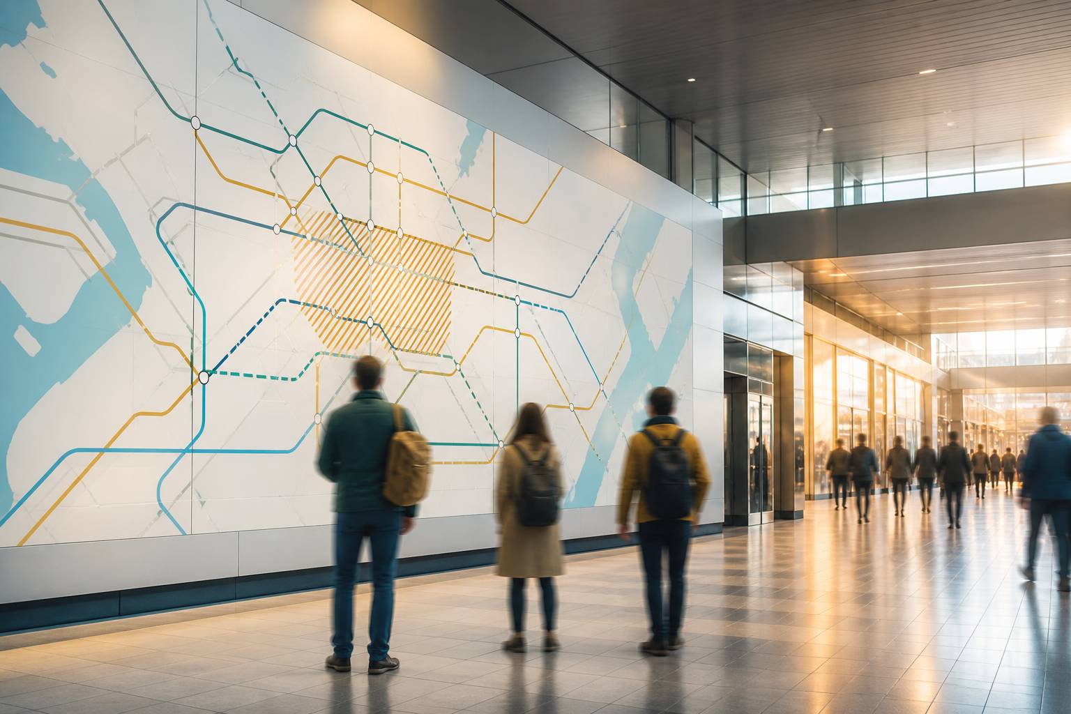 Plan de réseau de transport mural consulté par des passagers dans une station