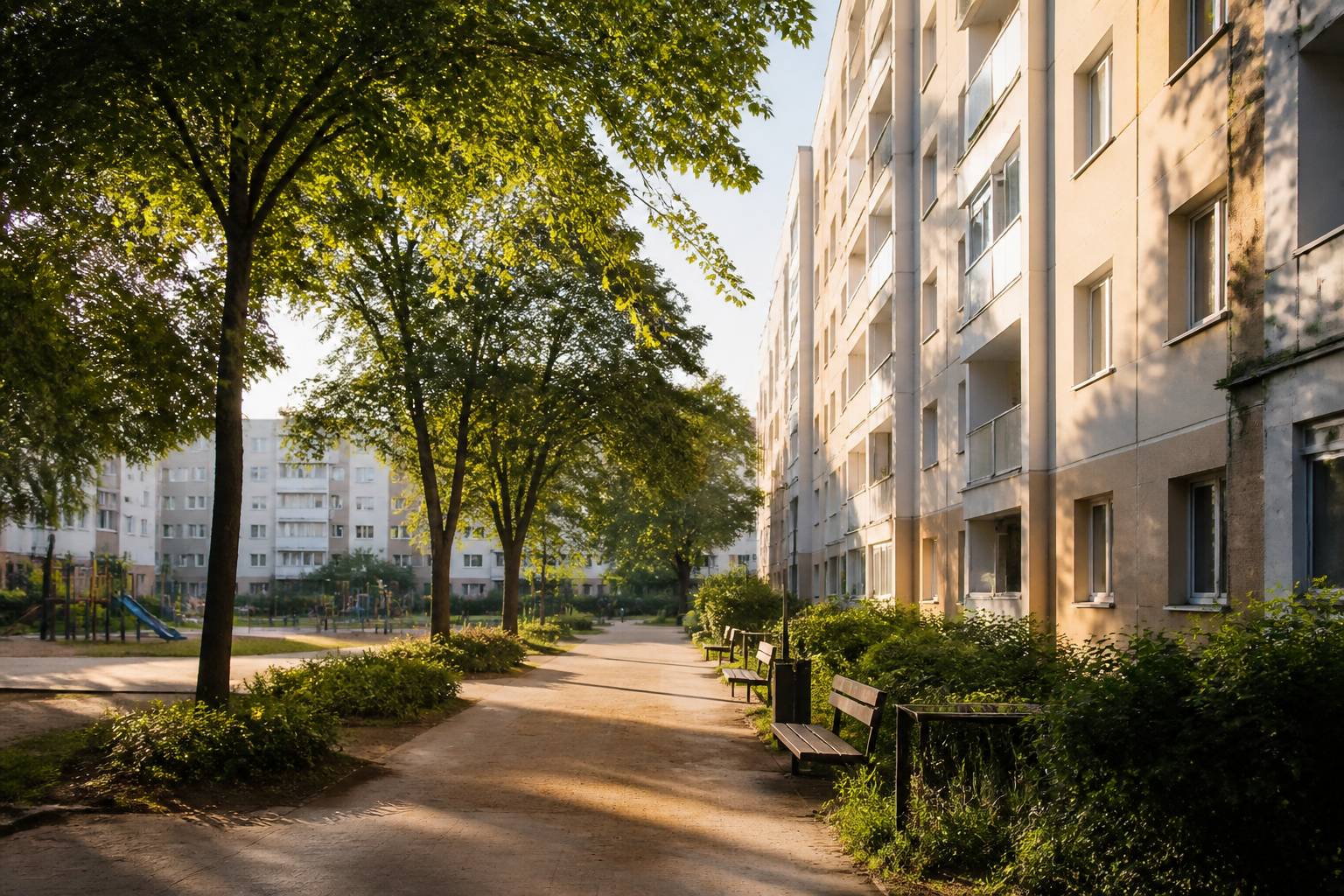 Allée arborée d'un quartier populaire entre immeubles collectifs avec bancs et jeux d'enfants