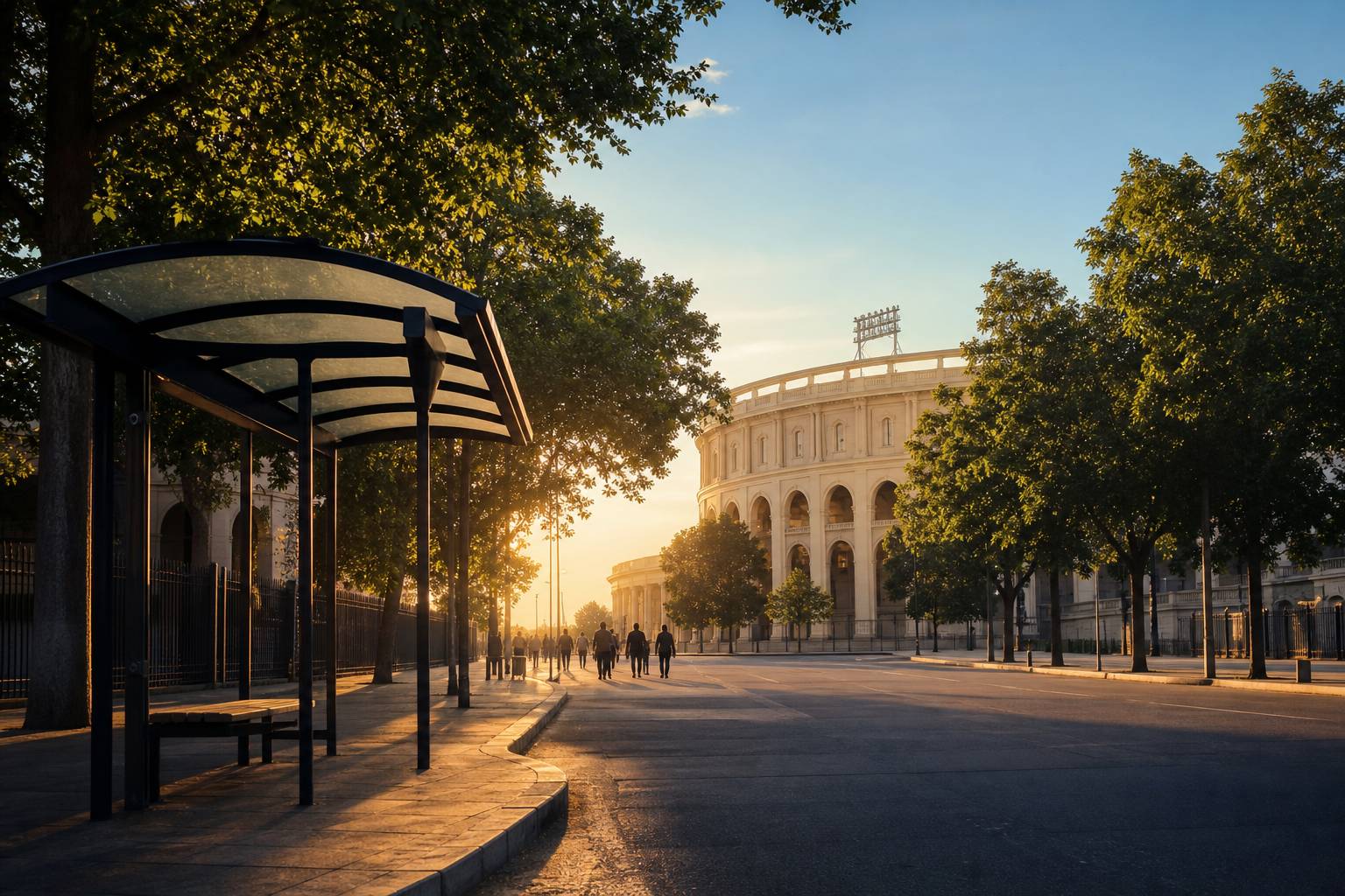 Rue urbaine bordée d'arbres menant à l'entrée d'un stade historique avec arrêt de transports en commun