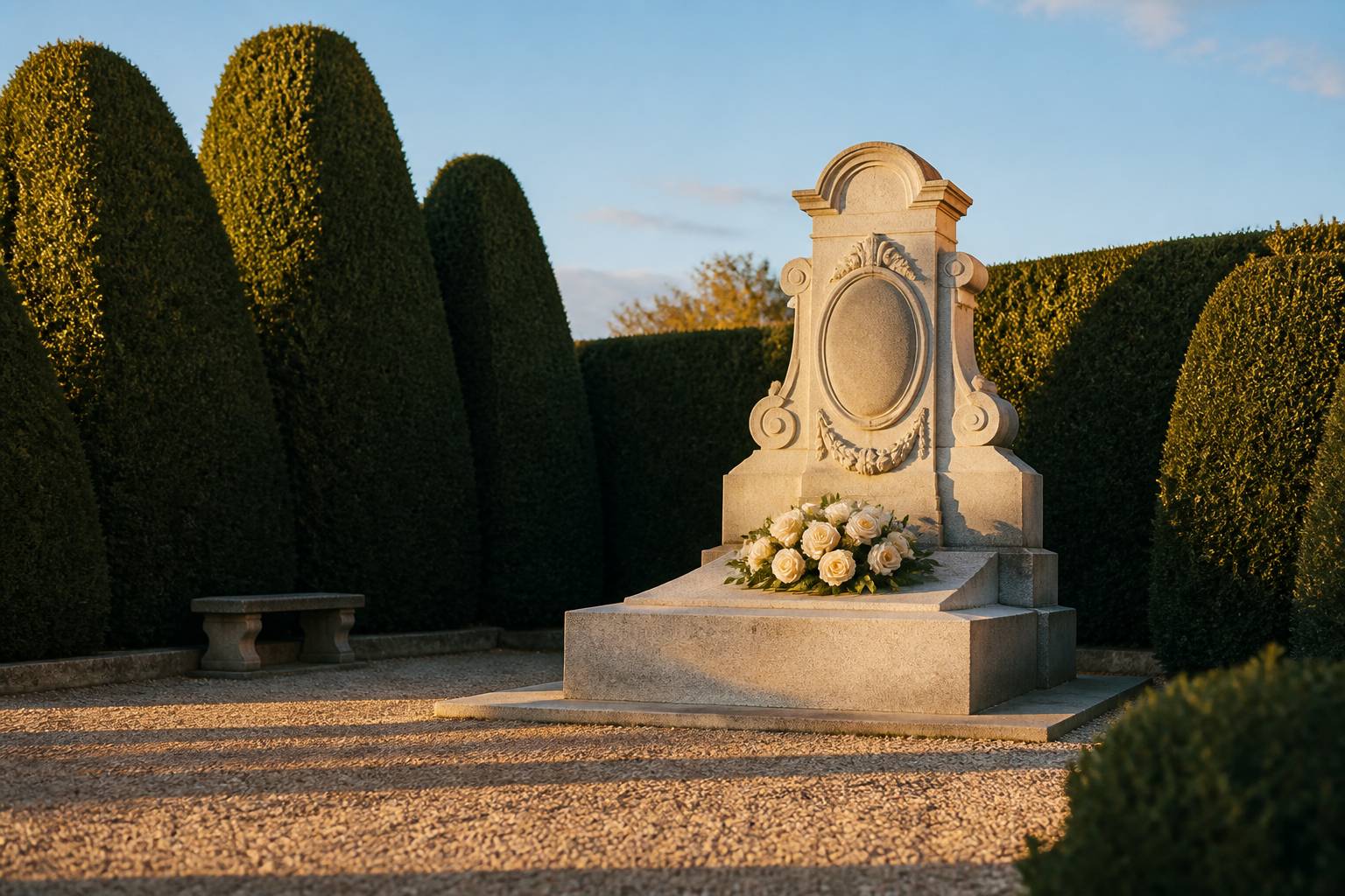Tombe ornée d'une sculpture en pierre et de roses fraîches