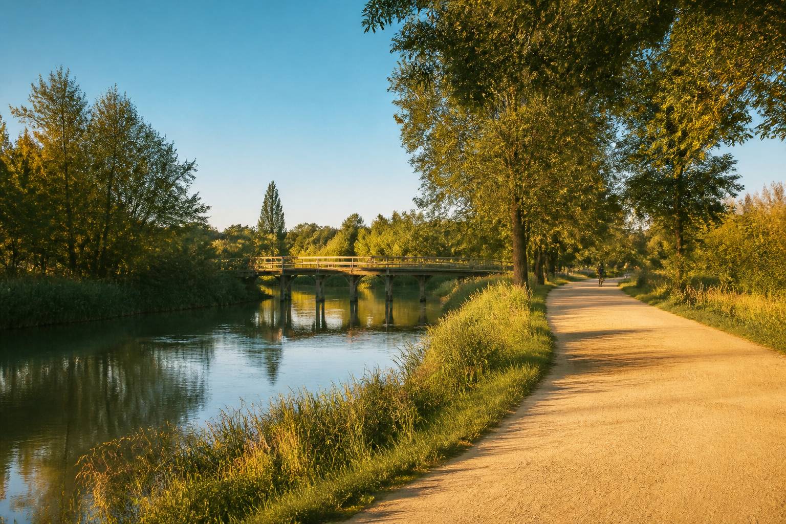 Promenade à vélo sur la Végétale le long des rives naturelles de l'Yerres en fin de journée