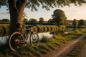 Vélo gravel appuyé contre un arbre au bord d'un chemin de rivière