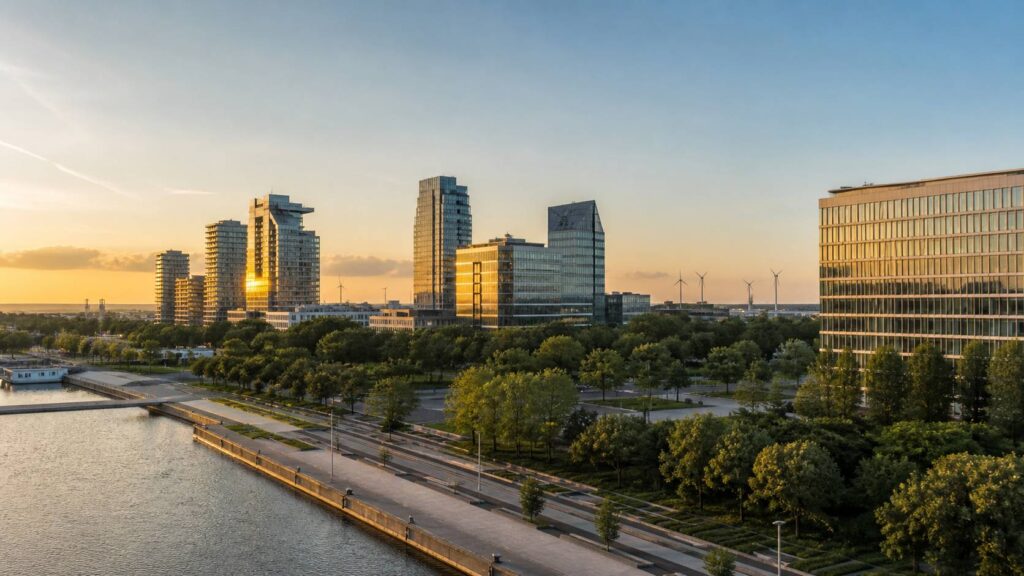 Paysage urbain contemporain avec immeubles de bureaux et éoliennes