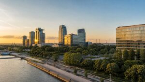 Paysage urbain contemporain avec immeubles de bureaux et éoliennes