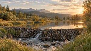 Riviere calme barree par un barrage de branchages edifie par un castor