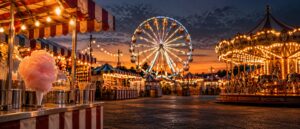 Fête foraine au crépuscule avec grande roue illuminée, guirlandes et barbe à papa
